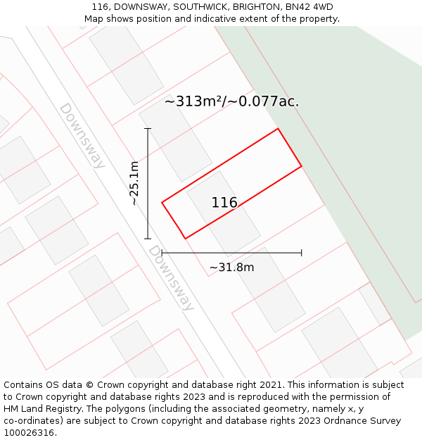 116, DOWNSWAY, SOUTHWICK, BRIGHTON, BN42 4WD: Plot and title map