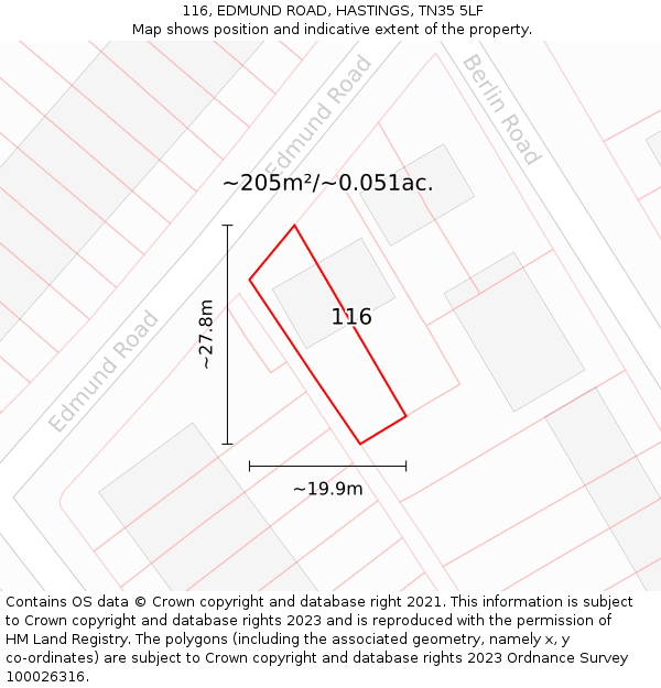 116, EDMUND ROAD, HASTINGS, TN35 5LF: Plot and title map