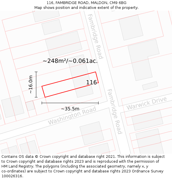 116, FAMBRIDGE ROAD, MALDON, CM9 6BG: Plot and title map