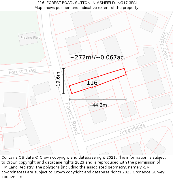 116, FOREST ROAD, SUTTON-IN-ASHFIELD, NG17 3BN: Plot and title map