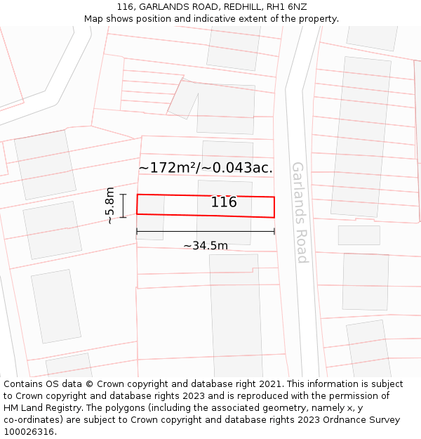 116, GARLANDS ROAD, REDHILL, RH1 6NZ: Plot and title map