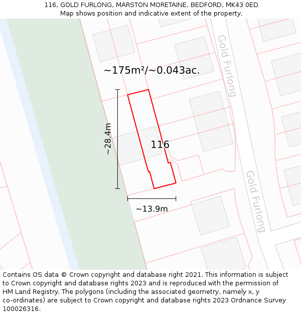 116, GOLD FURLONG, MARSTON MORETAINE, BEDFORD, MK43 0ED: Plot and title map