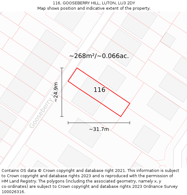 116, GOOSEBERRY HILL, LUTON, LU3 2DY: Plot and title map