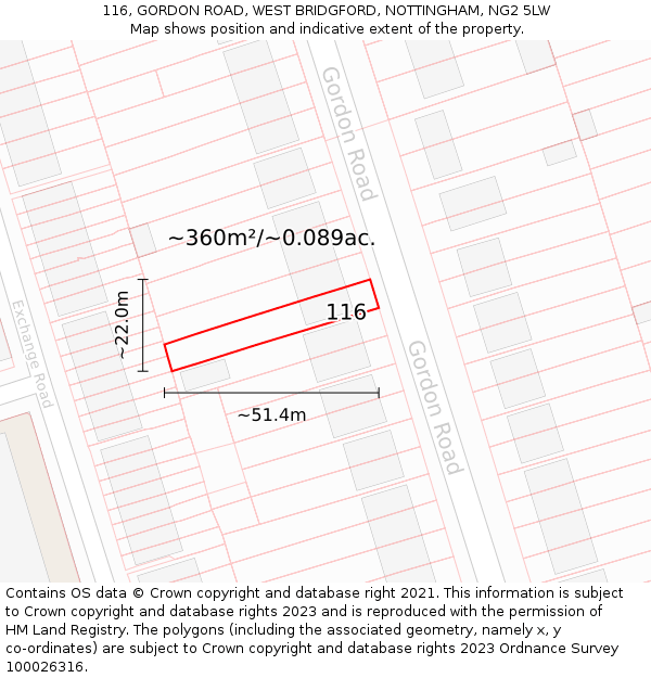 116, GORDON ROAD, WEST BRIDGFORD, NOTTINGHAM, NG2 5LW: Plot and title map