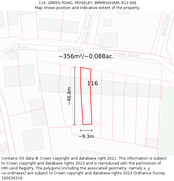 116, GREEN ROAD, MOSELEY, BIRMINGHAM, B13 9XE: Plot and title map