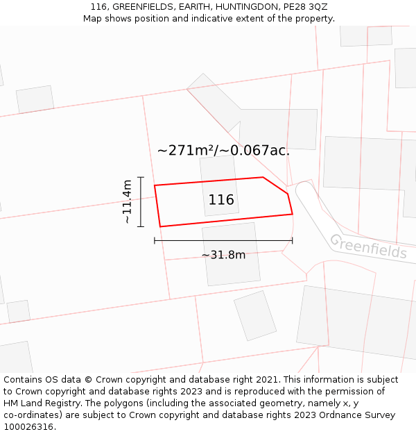 116, GREENFIELDS, EARITH, HUNTINGDON, PE28 3QZ: Plot and title map