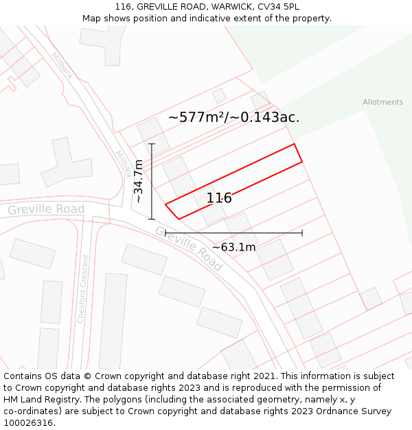 116, GREVILLE ROAD, WARWICK, CV34 5PL: Plot and title map