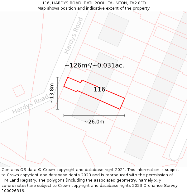 116, HARDYS ROAD, BATHPOOL, TAUNTON, TA2 8FD: Plot and title map