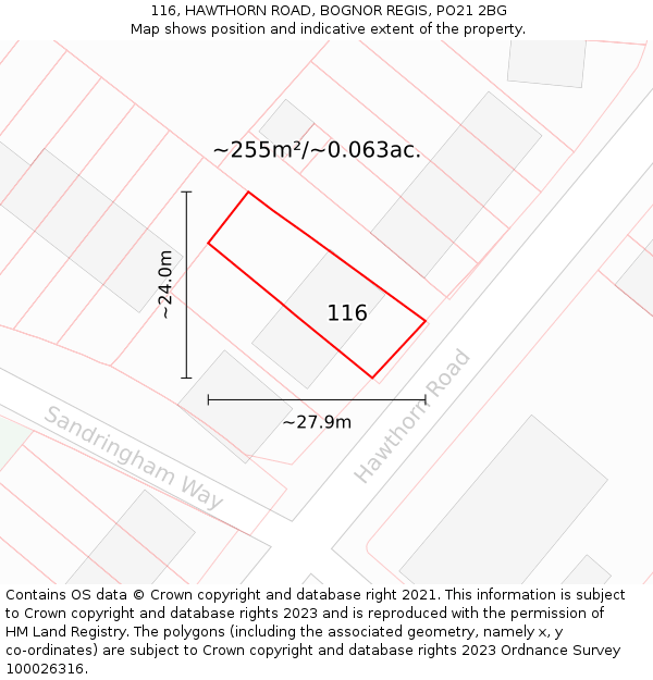 116, HAWTHORN ROAD, BOGNOR REGIS, PO21 2BG: Plot and title map