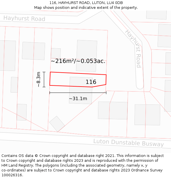 116, HAYHURST ROAD, LUTON, LU4 0DB: Plot and title map