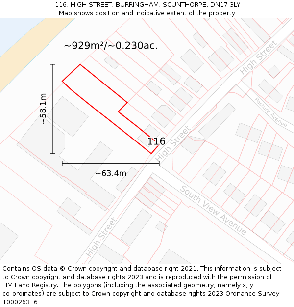 116, HIGH STREET, BURRINGHAM, SCUNTHORPE, DN17 3LY: Plot and title map