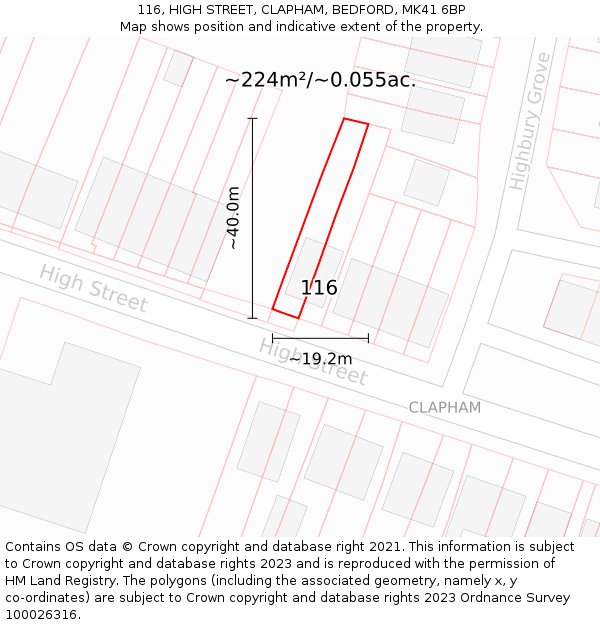 116, HIGH STREET, CLAPHAM, BEDFORD, MK41 6BP: Plot and title map