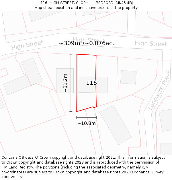 116, HIGH STREET, CLOPHILL, BEDFORD, MK45 4BJ: Plot and title map