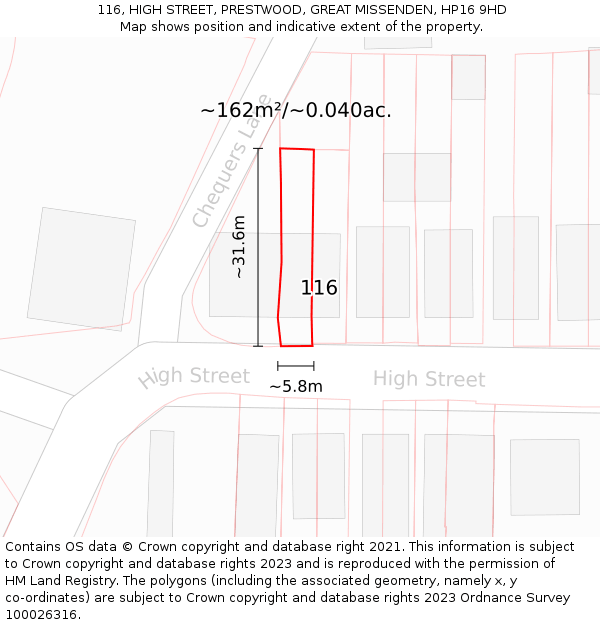 116, HIGH STREET, PRESTWOOD, GREAT MISSENDEN, HP16 9HD: Plot and title map