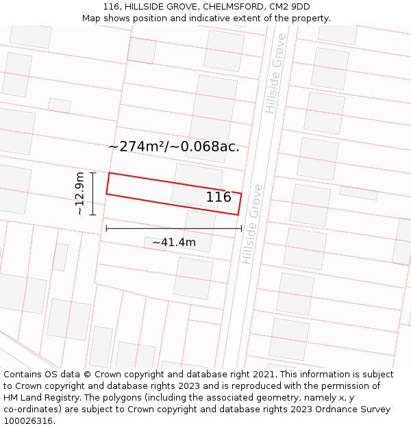 116, HILLSIDE GROVE, CHELMSFORD, CM2 9DD: Plot and title map