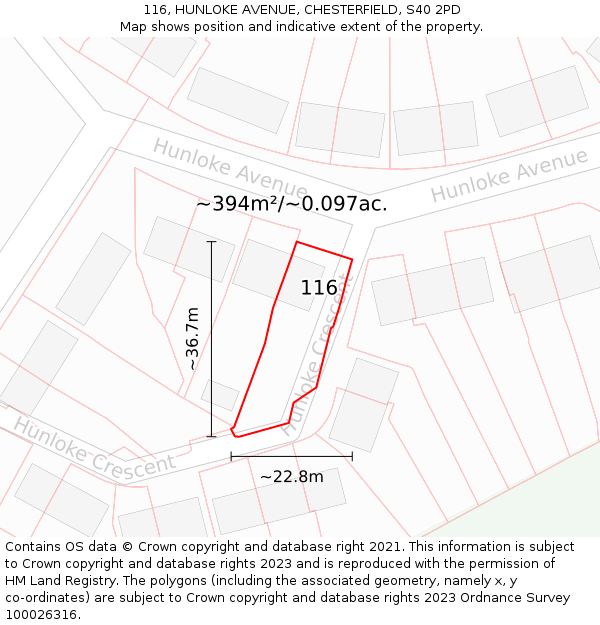 116, HUNLOKE AVENUE, CHESTERFIELD, S40 2PD: Plot and title map