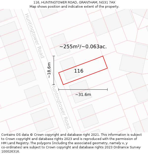 116, HUNTINGTOWER ROAD, GRANTHAM, NG31 7AX: Plot and title map