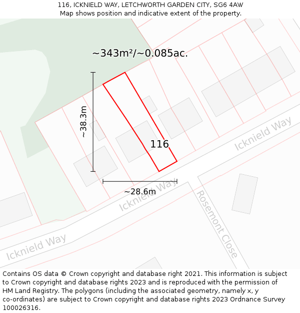 116, ICKNIELD WAY, LETCHWORTH GARDEN CITY, SG6 4AW: Plot and title map