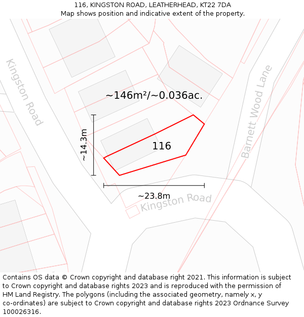 116, KINGSTON ROAD, LEATHERHEAD, KT22 7DA: Plot and title map