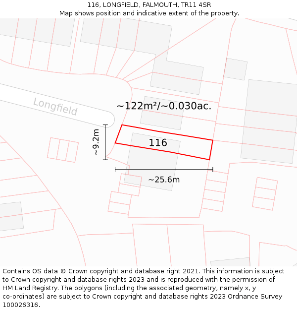 116, LONGFIELD, FALMOUTH, TR11 4SR: Plot and title map