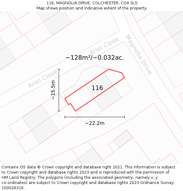 116, MAGNOLIA DRIVE, COLCHESTER, CO4 3LS: Plot and title map