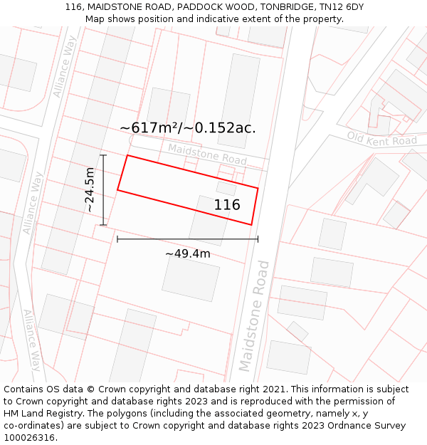 116, MAIDSTONE ROAD, PADDOCK WOOD, TONBRIDGE, TN12 6DY: Plot and title map