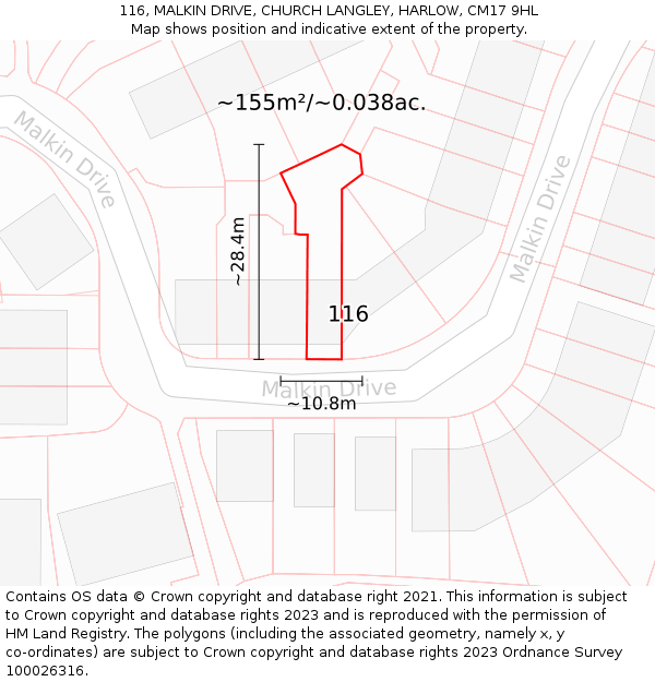 116, MALKIN DRIVE, CHURCH LANGLEY, HARLOW, CM17 9HL: Plot and title map