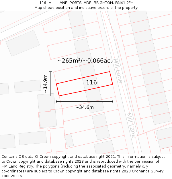 116, MILL LANE, PORTSLADE, BRIGHTON, BN41 2FH: Plot and title map