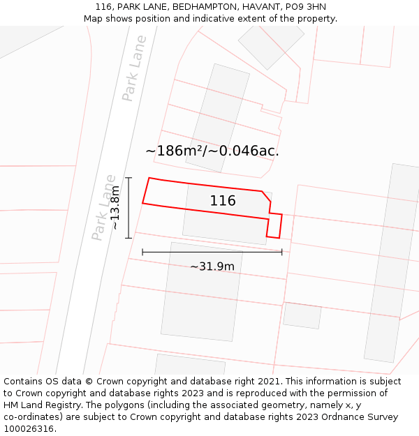 116, PARK LANE, BEDHAMPTON, HAVANT, PO9 3HN: Plot and title map