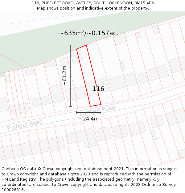 116, PURFLEET ROAD, AVELEY, SOUTH OCKENDON, RM15 4EA: Plot and title map