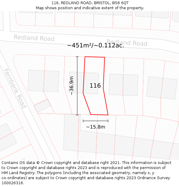 116, REDLAND ROAD, BRISTOL, BS6 6QT: Plot and title map