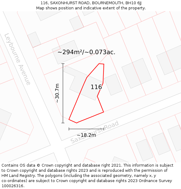 116, SAXONHURST ROAD, BOURNEMOUTH, BH10 6JJ: Plot and title map