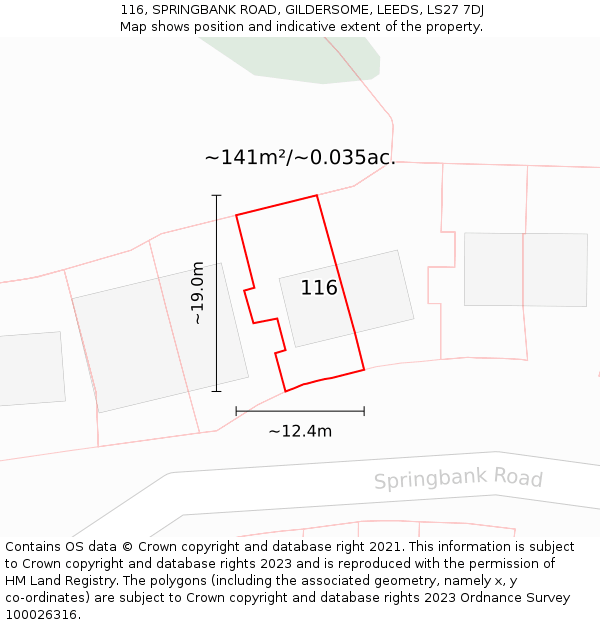 116, SPRINGBANK ROAD, GILDERSOME, LEEDS, LS27 7DJ: Plot and title map