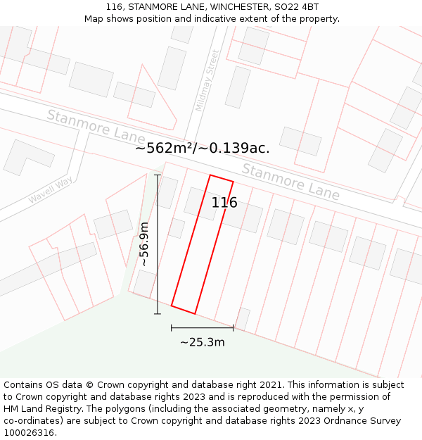 116, STANMORE LANE, WINCHESTER, SO22 4BT: Plot and title map