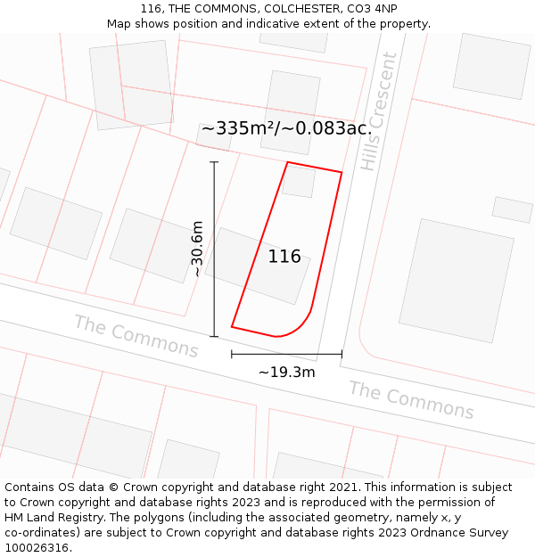 116, THE COMMONS, COLCHESTER, CO3 4NP: Plot and title map
