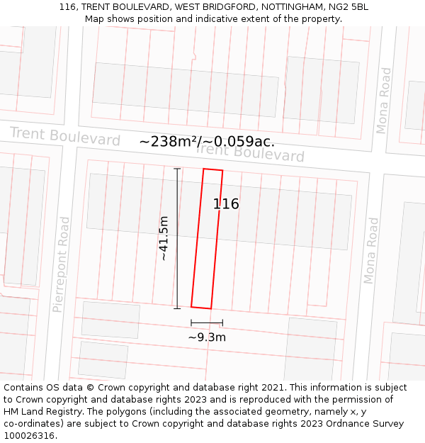 116, TRENT BOULEVARD, WEST BRIDGFORD, NOTTINGHAM, NG2 5BL: Plot and title map