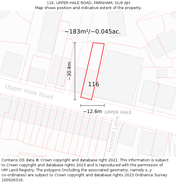 116, UPPER HALE ROAD, FARNHAM, GU9 0JH: Plot and title map