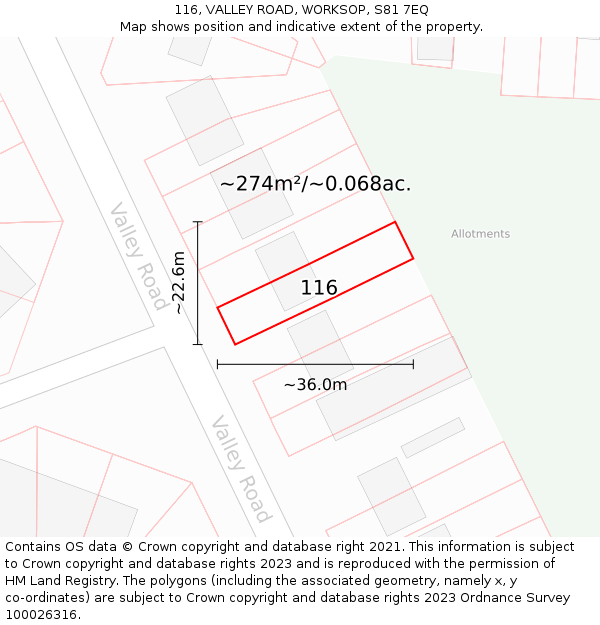 116, VALLEY ROAD, WORKSOP, S81 7EQ: Plot and title map