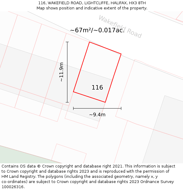 116, WAKEFIELD ROAD, LIGHTCLIFFE, HALIFAX, HX3 8TH: Plot and title map