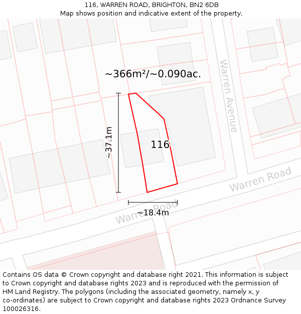 116, WARREN ROAD, BRIGHTON, BN2 6DB: Plot and title map