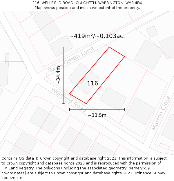 116, WELLFIELD ROAD, CULCHETH, WARRINGTON, WA3 4BX: Plot and title map