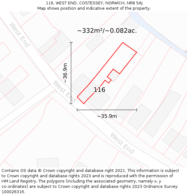 116, WEST END, COSTESSEY, NORWICH, NR8 5AJ: Plot and title map