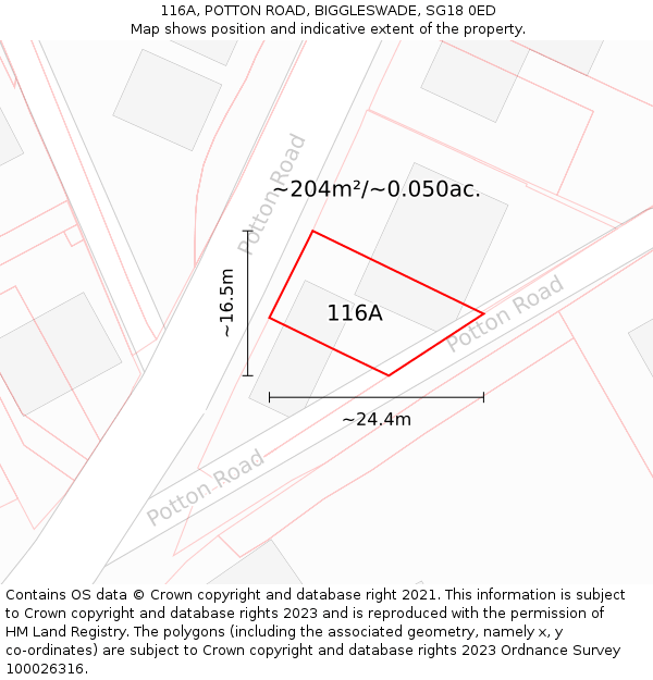 116A, POTTON ROAD, BIGGLESWADE, SG18 0ED: Plot and title map