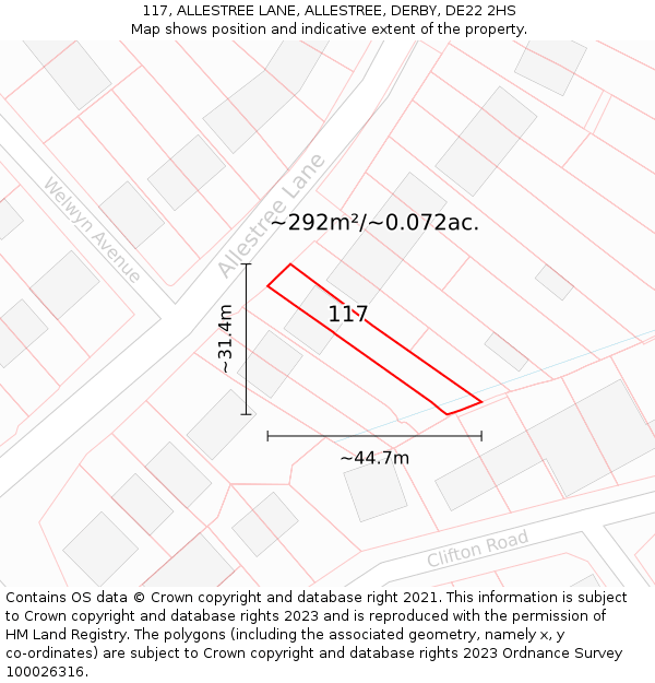 117, ALLESTREE LANE, ALLESTREE, DERBY, DE22 2HS: Plot and title map