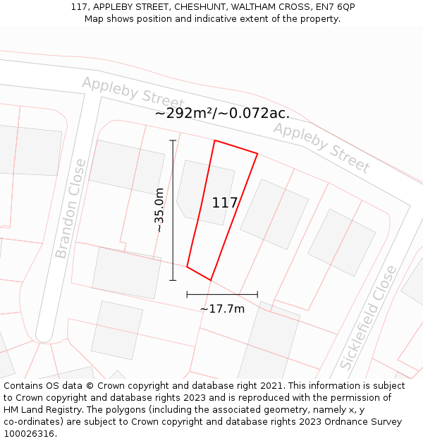 117, APPLEBY STREET, CHESHUNT, WALTHAM CROSS, EN7 6QP: Plot and title map