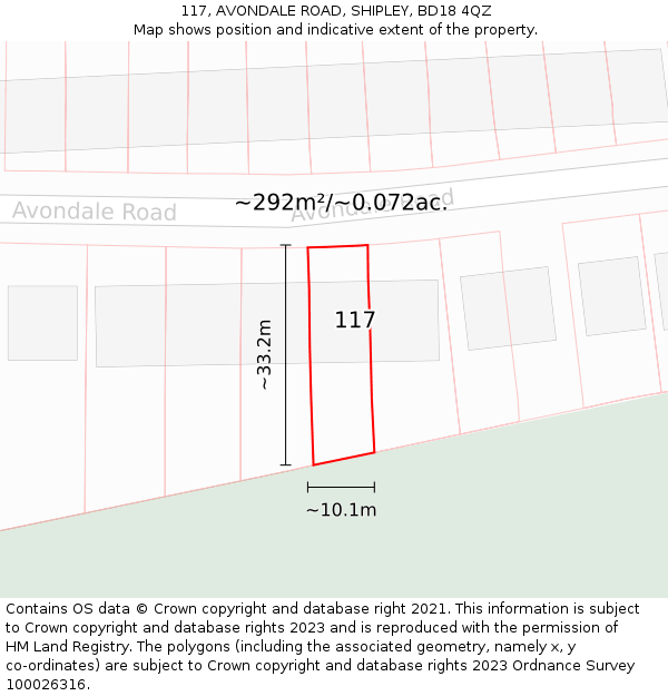 117, AVONDALE ROAD, SHIPLEY, BD18 4QZ: Plot and title map