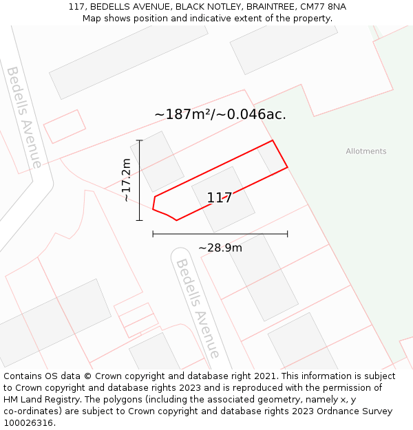 117, BEDELLS AVENUE, BLACK NOTLEY, BRAINTREE, CM77 8NA: Plot and title map