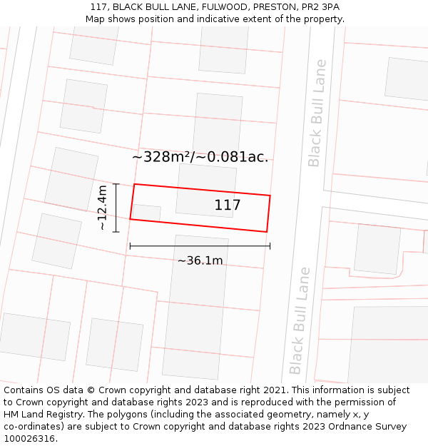 117, BLACK BULL LANE, FULWOOD, PRESTON, PR2 3PA: Plot and title map