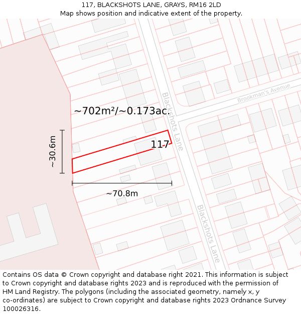 117, BLACKSHOTS LANE, GRAYS, RM16 2LD: Plot and title map