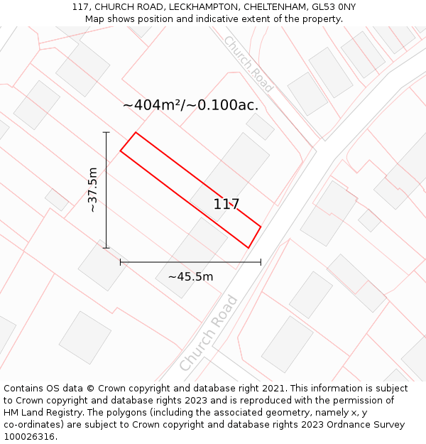 117, CHURCH ROAD, LECKHAMPTON, CHELTENHAM, GL53 0NY: Plot and title map